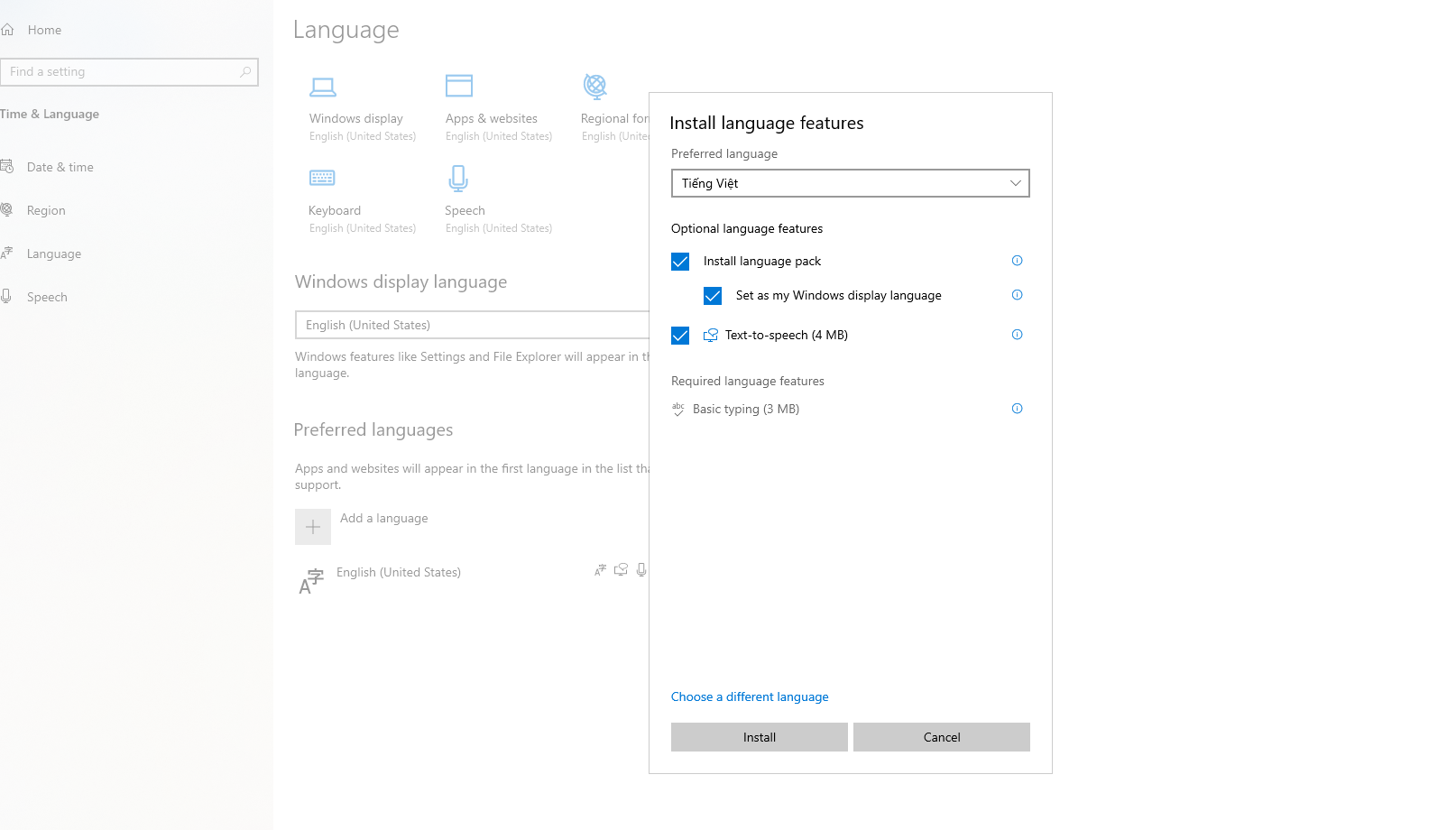 Chọn ngôn ngữ mặc định Tiếng Việt để hiển thị - Chọn đánh dấu vào Set as my Windows display language